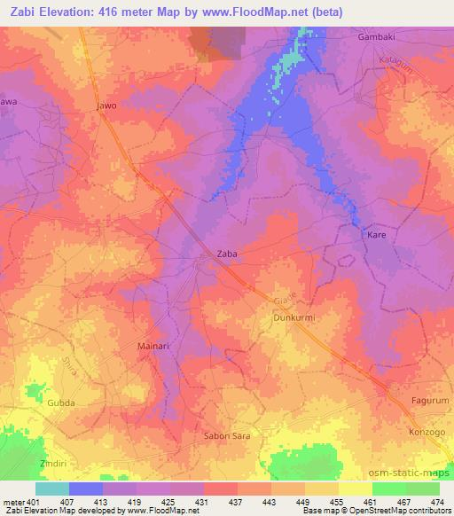 Zabi,Nigeria Elevation Map