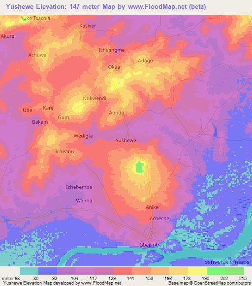 Yushewe,Nigeria Elevation Map