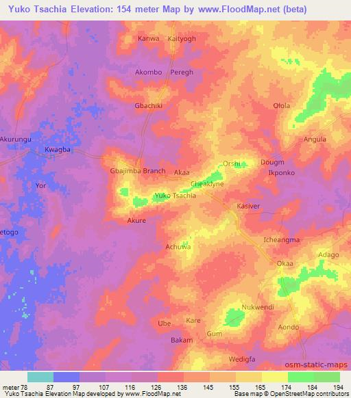 Yuko Tsachia,Nigeria Elevation Map