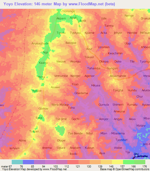 Yoyo,Nigeria Elevation Map