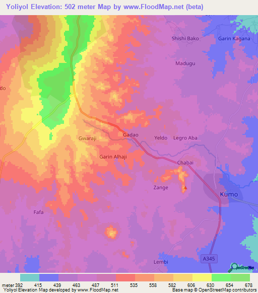 Yoliyol,Nigeria Elevation Map