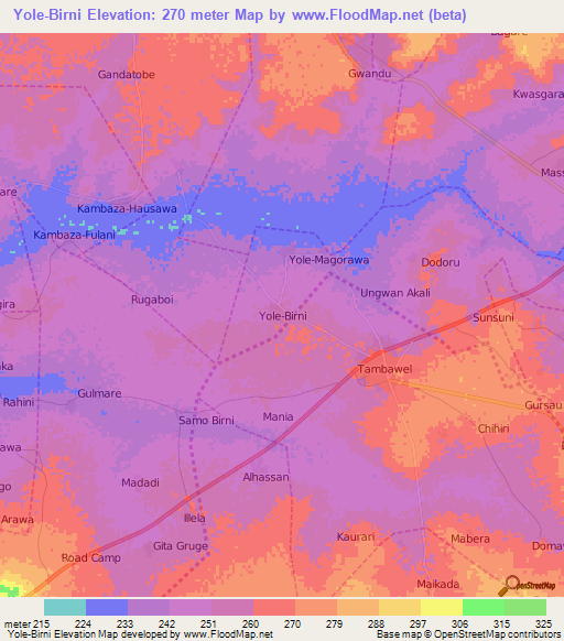 Yole-Birni,Nigeria Elevation Map