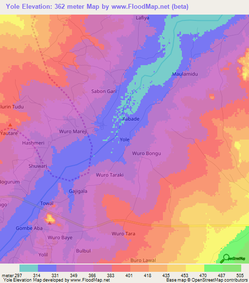 Yole,Nigeria Elevation Map