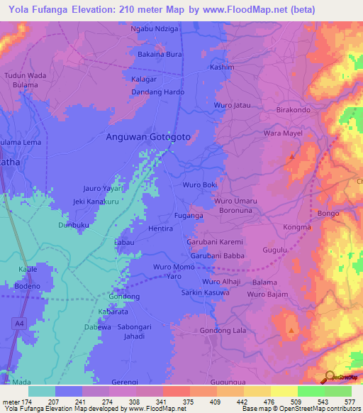 Yola Fufanga,Nigeria Elevation Map