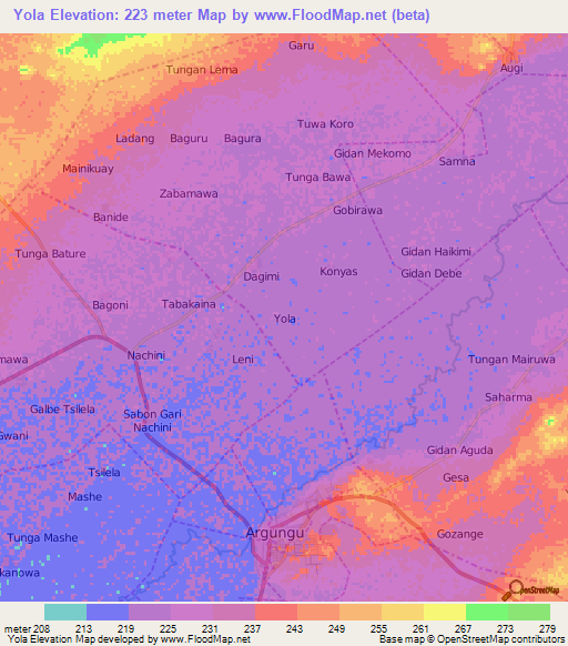 Yola,Nigeria Elevation Map