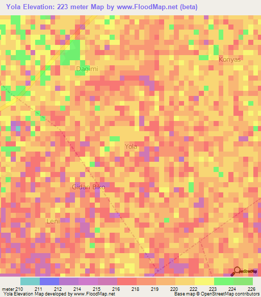 Yola,Nigeria Elevation Map