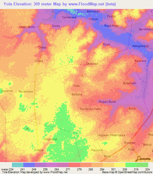 Yola,Nigeria Elevation Map