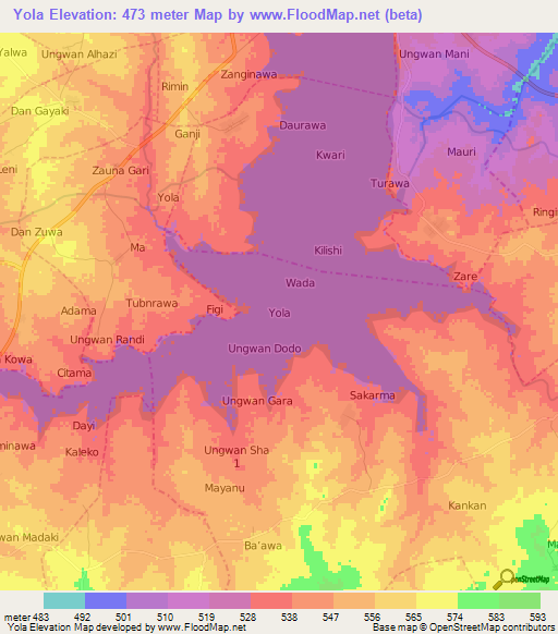 Yola,Nigeria Elevation Map