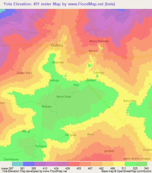 Yola,Nigeria Elevation Map