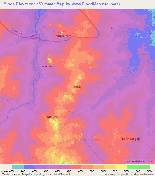 Yinda,Nigeria Elevation Map