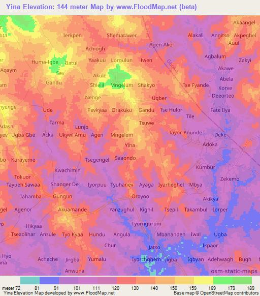 Yina,Nigeria Elevation Map