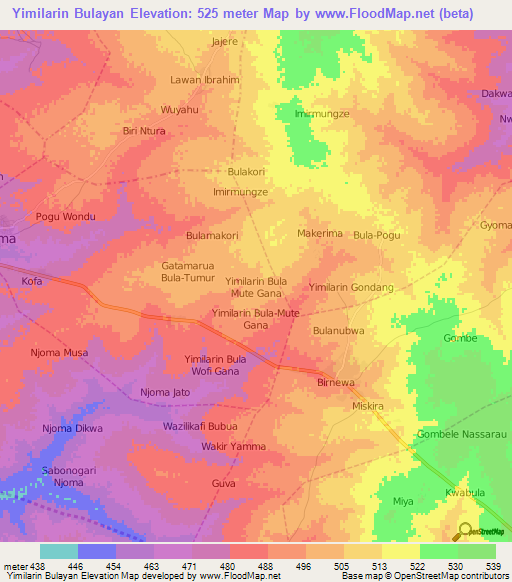 Yimilarin Bulayan,Nigeria Elevation Map