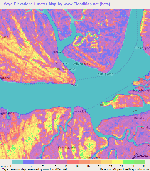 Yeye,Nigeria Elevation Map