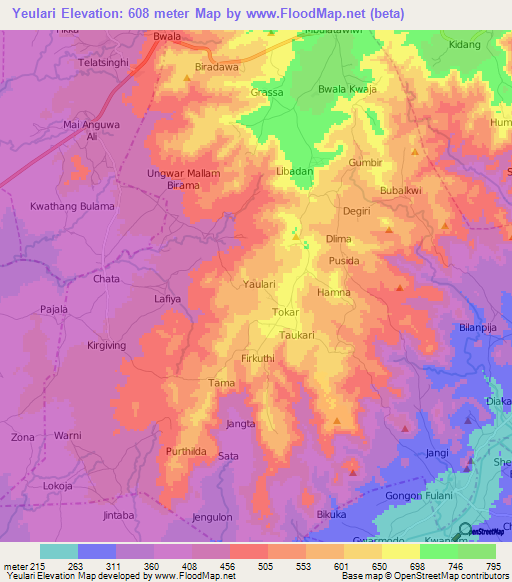 Yeulari,Nigeria Elevation Map