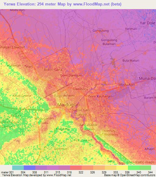 Yerwa,Nigeria Elevation Map