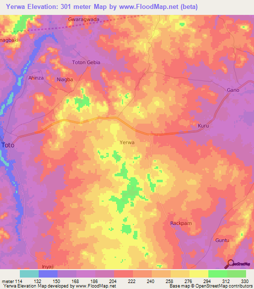 Yerwa,Nigeria Elevation Map