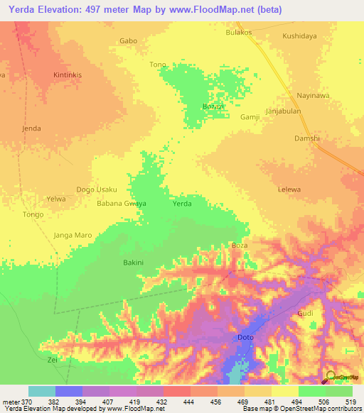 Yerda,Nigeria Elevation Map