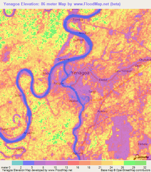 Yenagoa,Nigeria Elevation Map