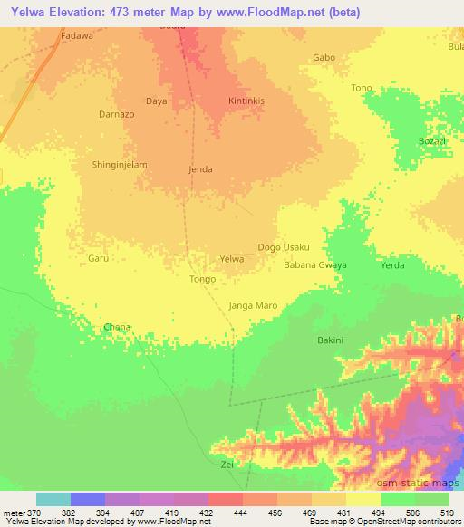 Yelwa,Nigeria Elevation Map