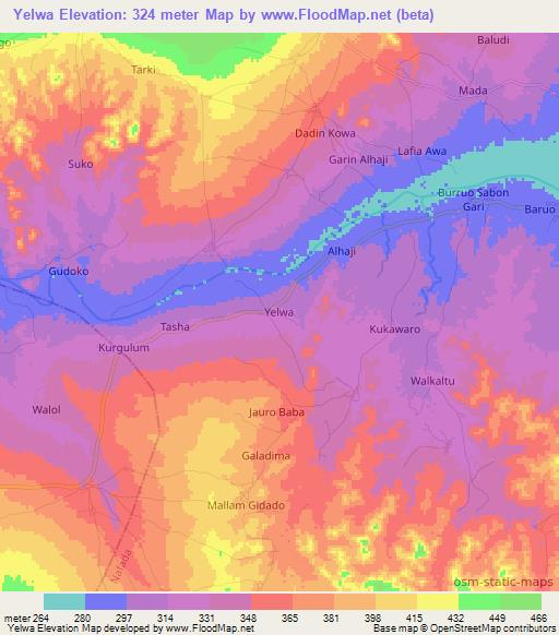 Yelwa,Nigeria Elevation Map