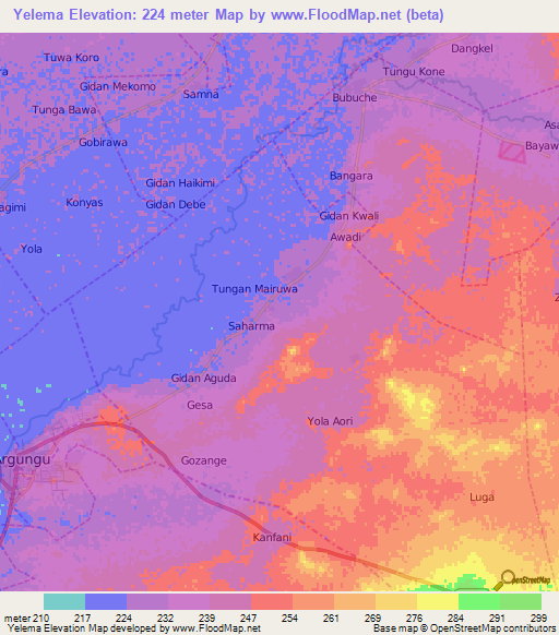 Yelema,Nigeria Elevation Map