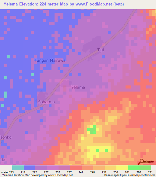 Yelema,Nigeria Elevation Map