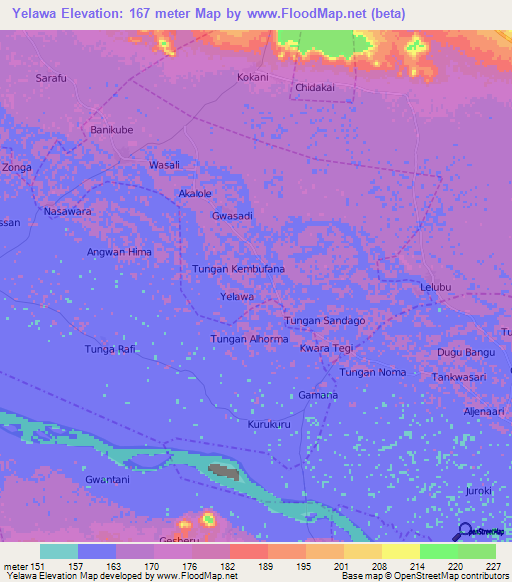 Yelawa,Nigeria Elevation Map