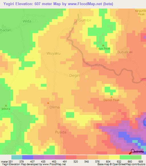 Yegiri,Nigeria Elevation Map