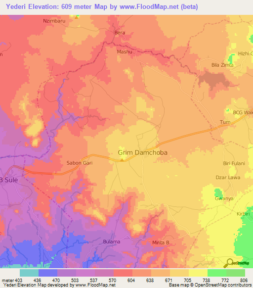 Yederi,Nigeria Elevation Map