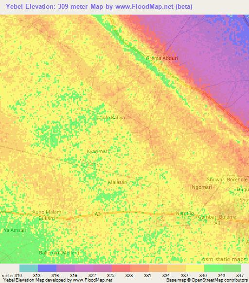 Yebel,Nigeria Elevation Map