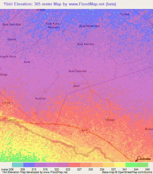 Ybiri,Nigeria Elevation Map