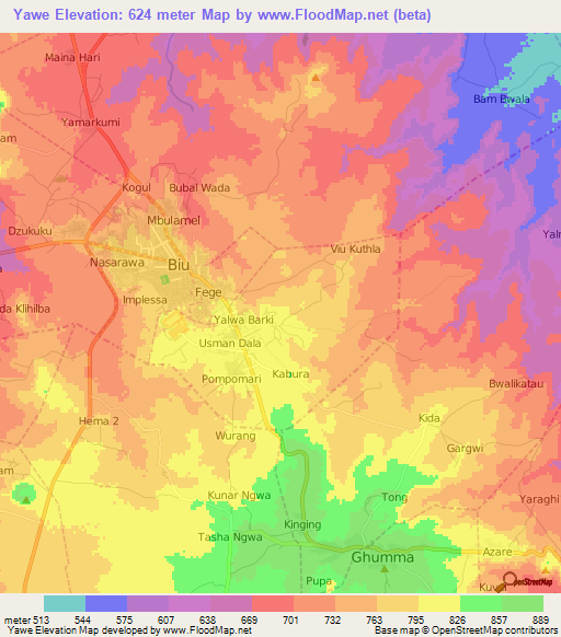 Yawe,Nigeria Elevation Map