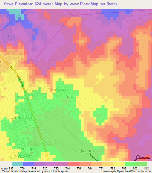 Yawe,Nigeria Elevation Map