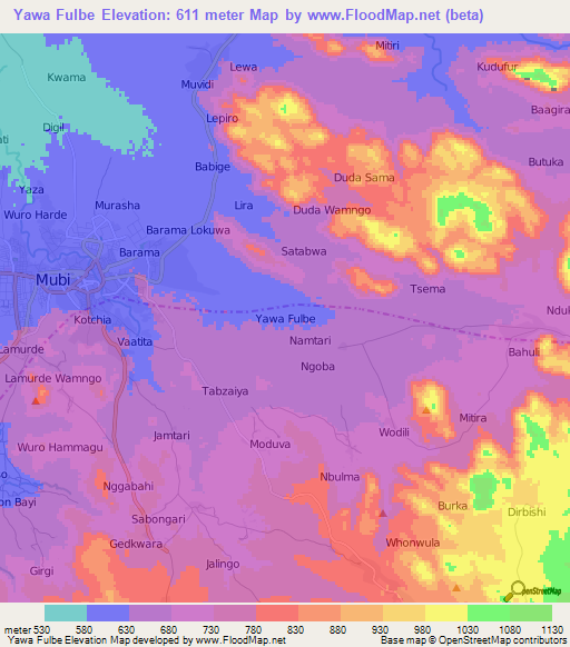 Yawa Fulbe,Nigeria Elevation Map