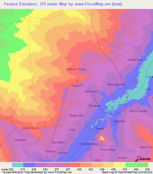 Yautare,Nigeria Elevation Map