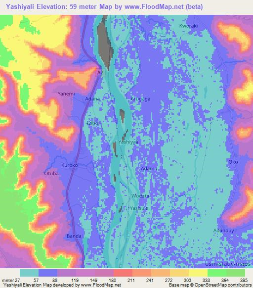 Yashiyali,Nigeria Elevation Map