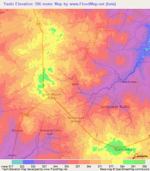 Yashi,Nigeria Elevation Map