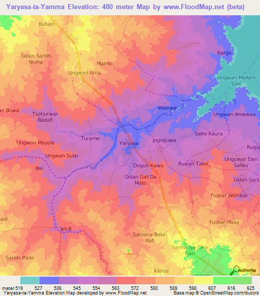 Yaryasa-ta-Yamma,Nigeria Elevation Map