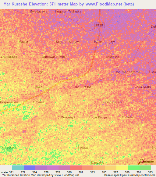 Yar Kurashe,Nigeria Elevation Map