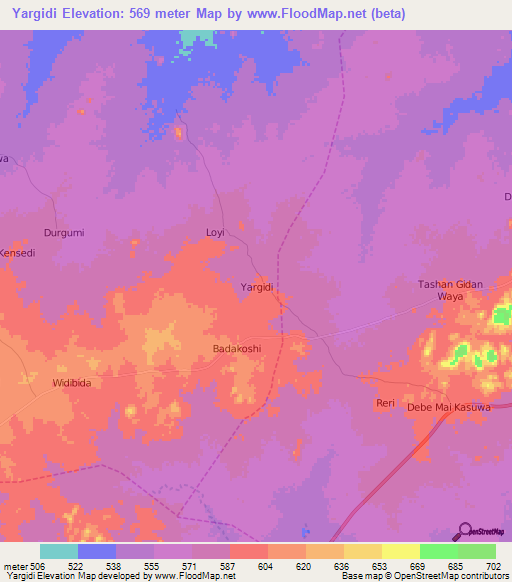 Yargidi,Nigeria Elevation Map