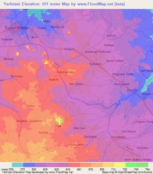 Yarfulani,Nigeria Elevation Map