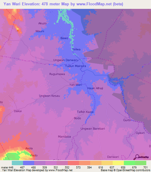 Yan Wari,Nigeria Elevation Map