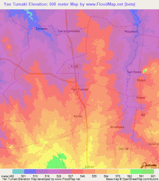 Yan Tumaki,Nigeria Elevation Map