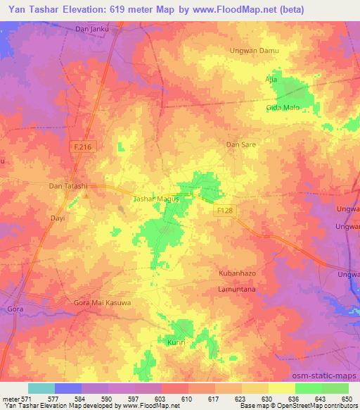 Yan Tashar,Nigeria Elevation Map