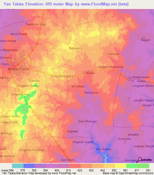 Yan Talata,Nigeria Elevation Map