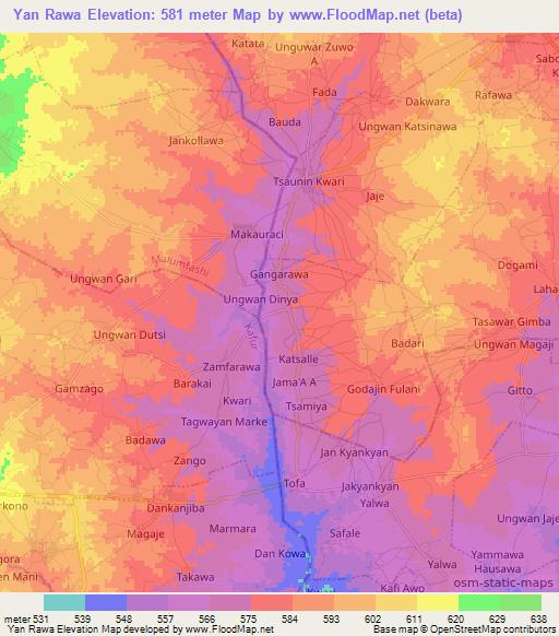 Yan Rawa,Nigeria Elevation Map