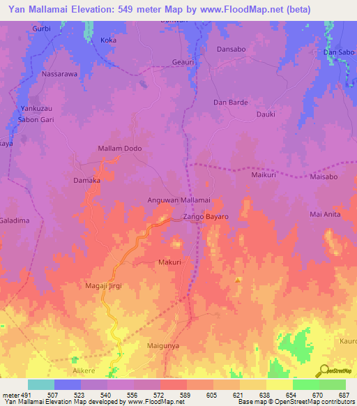 Yan Mallamai,Nigeria Elevation Map