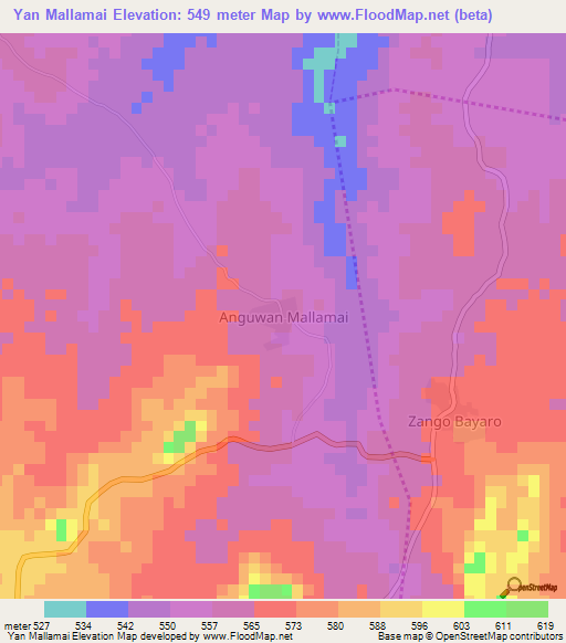 Yan Mallamai,Nigeria Elevation Map