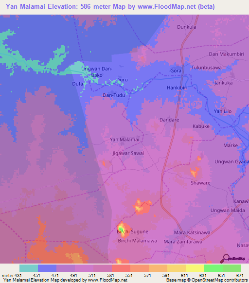 Yan Malamai,Nigeria Elevation Map