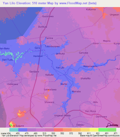 Yan Lilo,Nigeria Elevation Map